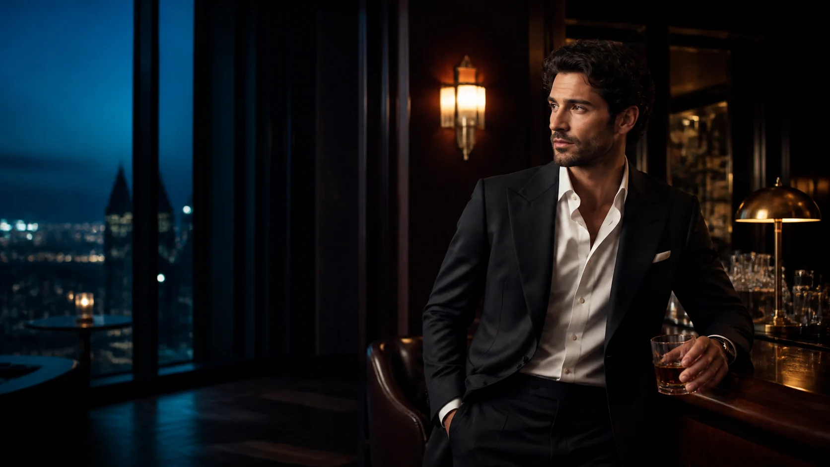 A sharply dressed man in a sophisticated hotel bar at blue hour